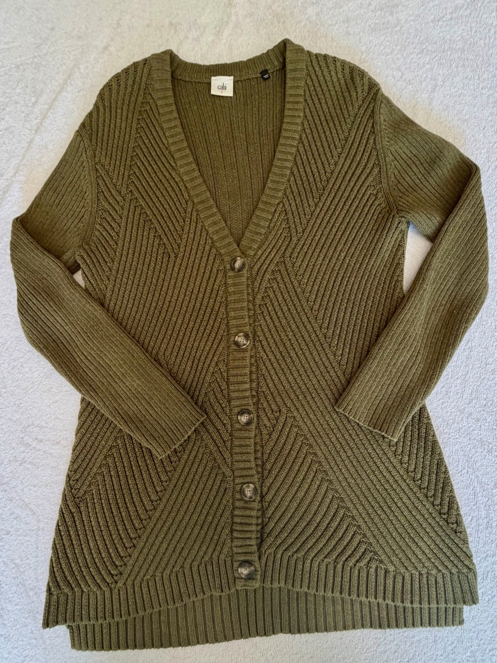 CAbi Olive Green Ribbed V-Neck Button Cardigan